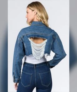 Social Butterfly Collection Distressed Denim Plus Size Cropped Jacket