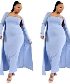 Social Butterfly Collection Plus Size Light Blue Two Piece Form Fitted Dress Duster Set New Arrivals