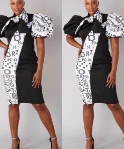 Social Butterfly Collection Puff Sleeve Color Block Black White Print Fitted Neck Tie Dress New Arrivals