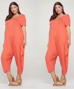 Social Butterfly Collection Orange Coral Plus Size Romper Jumpsuit New Arrivals