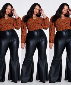 Social Butterfly Collection Black Faux Leather Bell Bottom Pants Plus Sizes