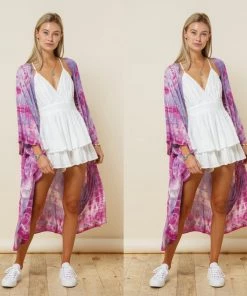 Social Butterfly Collection Purple Pink Tie Dye Kimono Sleeve Sheer Duster New Arrivals