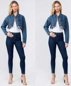 Social Butterfly Collection Distressed Denim Plus Size Cropped Jacket