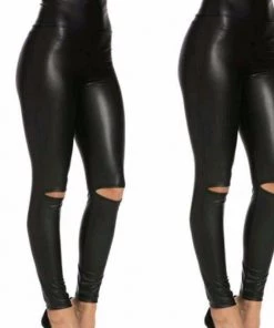 Social Butterfly Collection Sale Faux Leather Black Plus Size Slit Knee Leggings