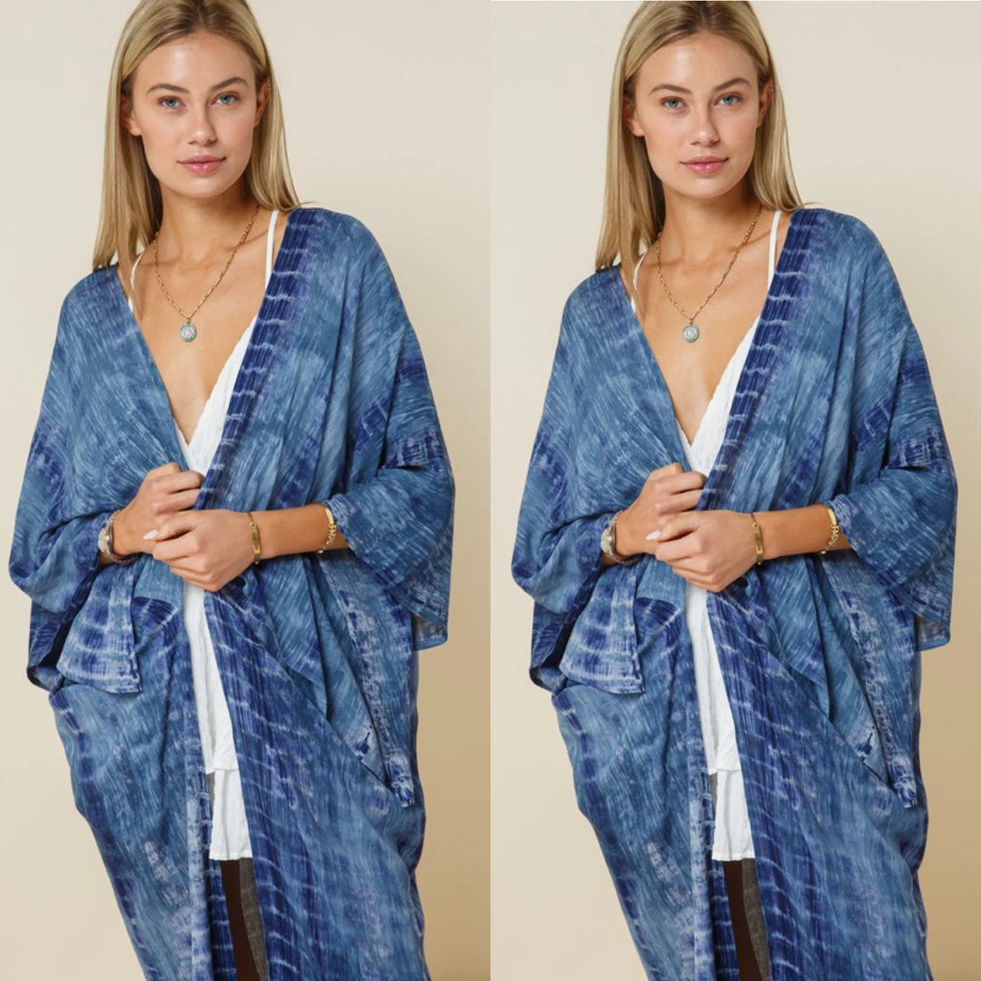 Social Butterfly Collection Denim Blue Tie Dye Kimono Sleeve Sheer Duster 7 Social Butterfly Collection Denim Blue Tie Dye Kimono Sleeve Sheer Duster