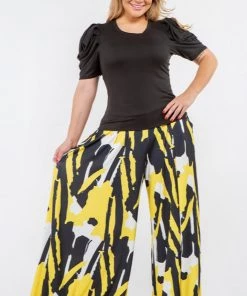Social Butterfly Collection New Arrivals Black White Yellow Abstract Print Palazzo Pants