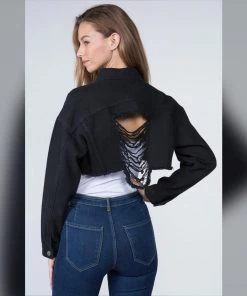 Social Butterfly Collection Black Denim Distressed Plus Size Cropped Jacket New Arrivals