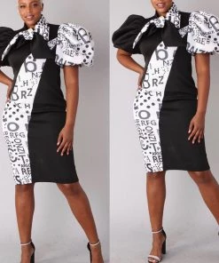 Social Butterfly Collection Puff Sleeve Color Block Black White Print Fitted Neck Tie Dress New Arrivals