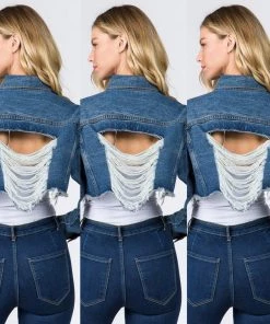 Social Butterfly Collection Distressed Denim Plus Size Cropped Jacket