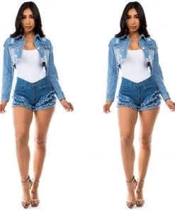 Social Butterfly Collection Denim Cropped Jacket Silver Chain Details New Arrivals