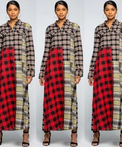Social Butterfly Collection Dresses Multi Color Check Pattern Maxi Shirt Dress
