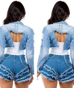 Social Butterfly Collection Denim Cropped Jacket Silver Chain Details New Arrivals