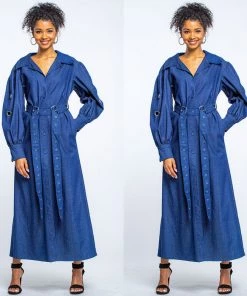 Social Butterfly Collection Denim Jacket Style Long Button Down Maxi Dress