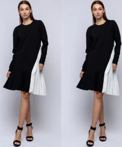 Social Butterfly Collection Black White Color Block Side Pleating Dress Top Sale