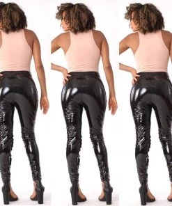 Social Butterfly Collection New Arrivals Black Liquid Faux Leather Front Ruffle Legging Pants