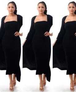 Social Butterfly Collection Plus Size Black Two Piece Form Fitted Dress Duster Set New Arrivals
