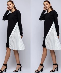 Social Butterfly Collection Black White Color Block Side Pleating Dress Top Sale