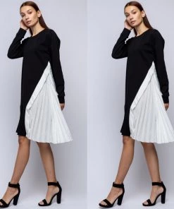 Social Butterfly Collection Black White Color Block Side Pleats Dress Sale