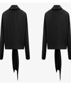 Social Butterfly Collection Black White Stripe Color Block Tie Waist Jacket Sale