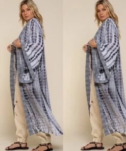 Social Butterfly Collection Grey Tie Dye Kimono Sleeve Sheer Duster