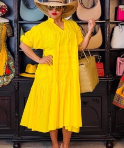 Social Butterfly Collection Plus Size Yellow Boho Style Below The Knee Dress