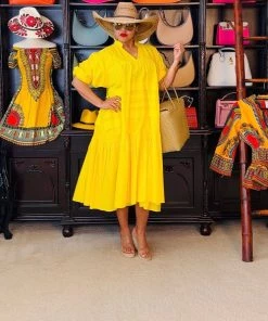 Social Butterfly Collection Plus Size Yellow Boho Style Below The Knee Dress