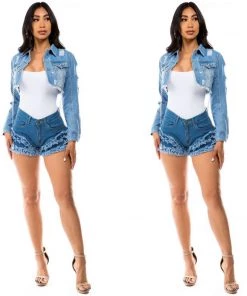 Social Butterfly Collection Denim Cropped Jacket Silver Chain Details New Arrivals