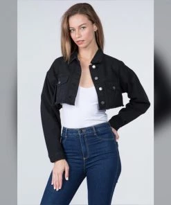 Social Butterfly Collection Black Denim Distressed Plus Size Cropped Jacket New Arrivals