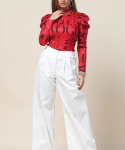 Social Butterfly Collection Red Black Long Sleeve Vogue Print Top