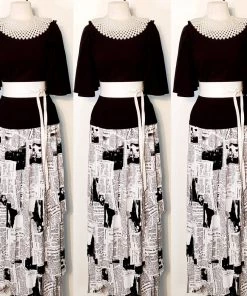 Social Butterfly Collection New Arrivals White Black Newspaper Print Fringe Skirt