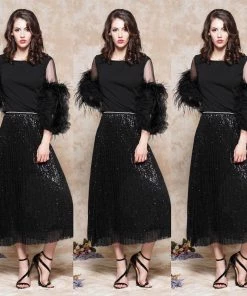 Social Butterfly Collection Sheer Pleated Black Sequin Skirt Sale