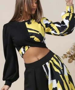 Social Butterfly Collection Black White Yellow Color Block Crop Top
