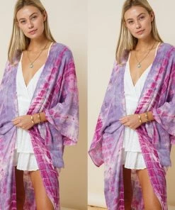 Social Butterfly Collection Purple Pink Tie Dye Kimono Sleeve Sheer Duster New Arrivals