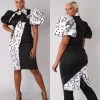Social Butterfly Collection Puff Sleeve Color Block Black White Print Fitted Neck Tie Dress New Arrivals