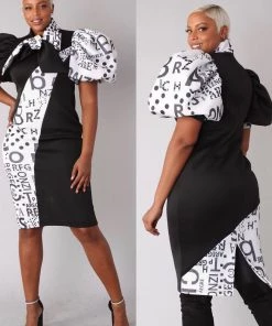 Social Butterfly Collection Puff Sleeve Color Block Black White Print Fitted Neck Tie Dress New Arrivals