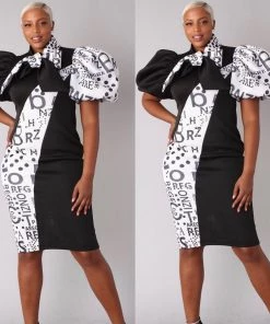 Social Butterfly Collection Puff Sleeve Color Block Black White Print Fitted Neck Tie Dress New Arrivals