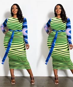 Social Butterfly Collection Green Multi Print Mid Length Dress