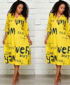 Social Butterfly Collection Yellow Black Print Button Down Shirt Dress