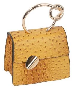 Social Butterfly Collection Mustard Faux Ostrich Gold Handle Handbag