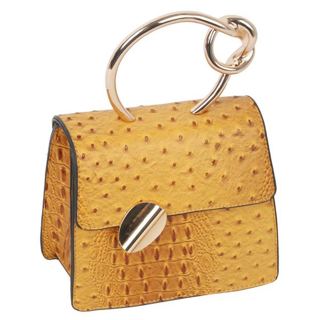 Social Butterfly Collection Mustard Faux Ostrich Gold Handle Handbag 4 Social Butterfly Collection Mustard Faux Ostrich Gold Handle Handbag