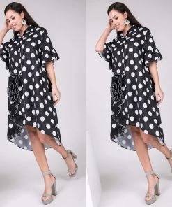 Social Butterfly Collection New Arrivals White On Black Polka Dot Button Down High Low Dress Top