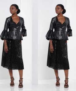 Social Butterfly Collection Sheer Pleated Black Sequin Skirt Sale