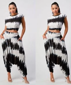 Social Butterfly Collection Tie Dye Two Piece Jersey Knit Jeannie Pants Set
