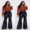 Social Butterfly Collection Black Faux Leather Bell Bottom Pants Plus Sizes