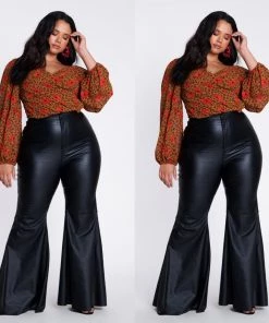 Social Butterfly Collection Black Faux Leather Bell Bottom Pants Plus Sizes