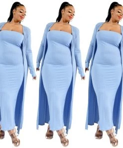 Social Butterfly Collection Plus Size Light Blue Two Piece Form Fitted Dress Duster Set New Arrivals