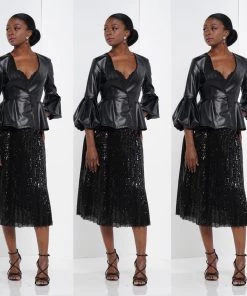 Social Butterfly Collection Sheer Pleated Black Sequin Skirt Sale