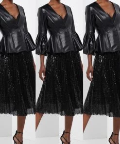 Social Butterfly Collection Black Puffy Sleeve Faux Leather Jacket Sale