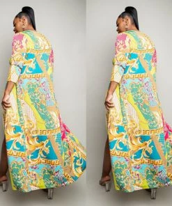 Social Butterfly Collection Bright Color Print Two Piece Dress Duster Set New Arrivals