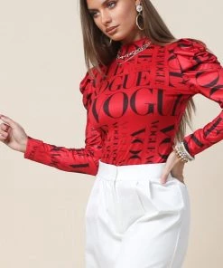 Social Butterfly Collection Red Black Long Sleeve Vogue Print Top